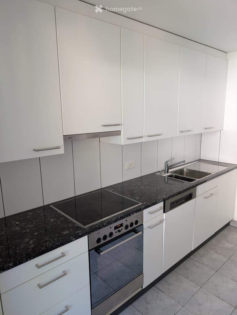 Modern kitchen with white cabinets, black granite countertops, stainless steel sink, oven, and dishwasher.