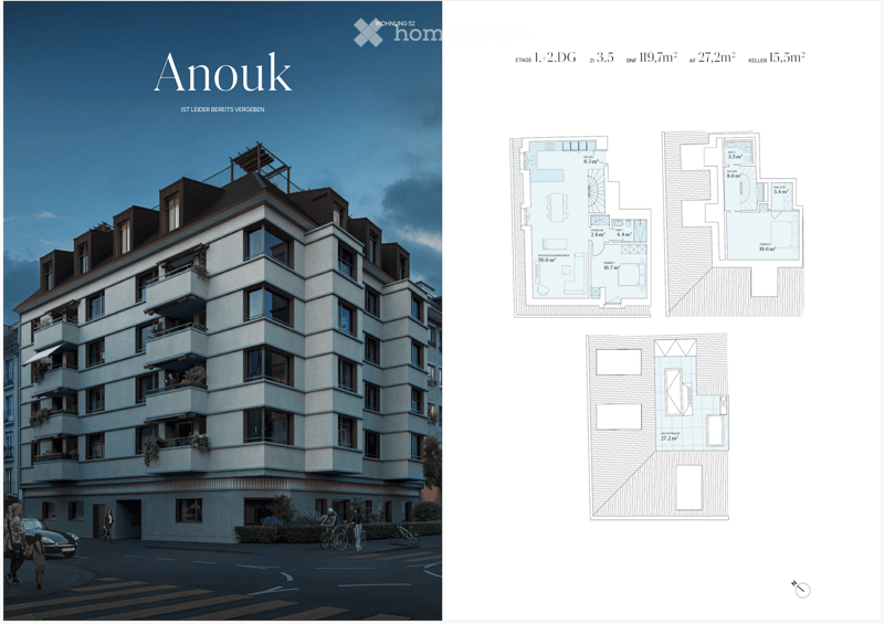 Floor plan of a multi-story residential building labeled 'Anouk' with detailed layouts of apartments, including living spaces, bedrooms, bathrooms, and balconies.