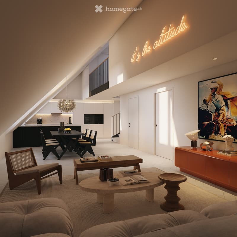 Modern living room with a sleek design, featuring a large sofa, coffee table, wooden side table, and a dining area with a black table and chairs. The space includes a chandelier, a large TV, and a cabinet with decorative items.