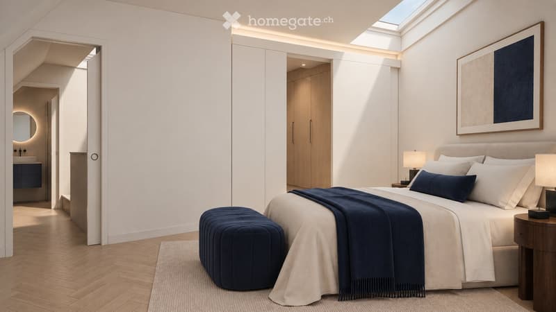 Modern bedroom with a large bed, nightstands, lamps, a blue ottoman, and a sleek wardrobe. The room features light wood flooring, white walls, and a skylight above the bed.