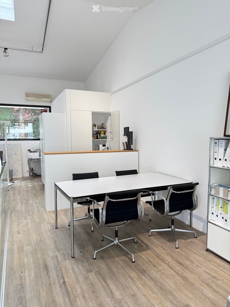 Modern office space with a large conference table, chairs, a cabinet, a printer, and a filing cabinet. The room features wooden flooring and large windows with a view.