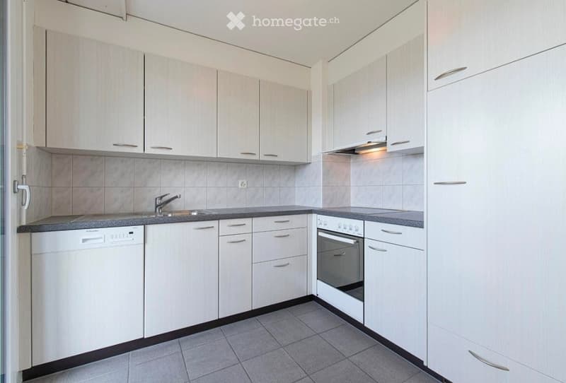 Modern kitchen with white cabinets, tiled backsplash, and stainless steel appliances including a dishwasher and oven.