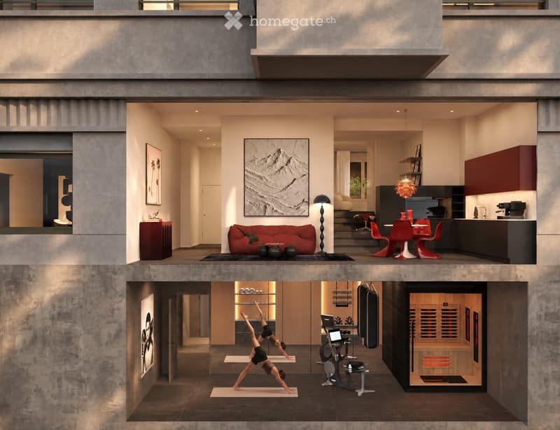 Modern two-story house with open-plan living and dining areas, kitchen, and a fitness area on the lower level. Features include a red sofa, dining table with red chairs, exercise bike, yoga mat, and a sauna.