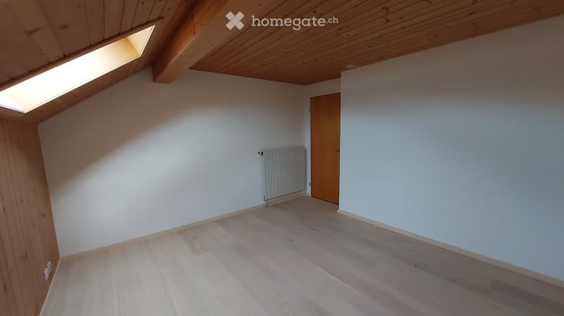 Empty attic room with wooden floor, white walls, skylight window, and a single wooden door.