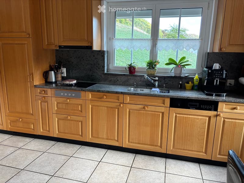 Bright kitchen with wooden cabinets, granite countertop, sink, coffee maker, and dishwasher. Windows with plants on the sill.