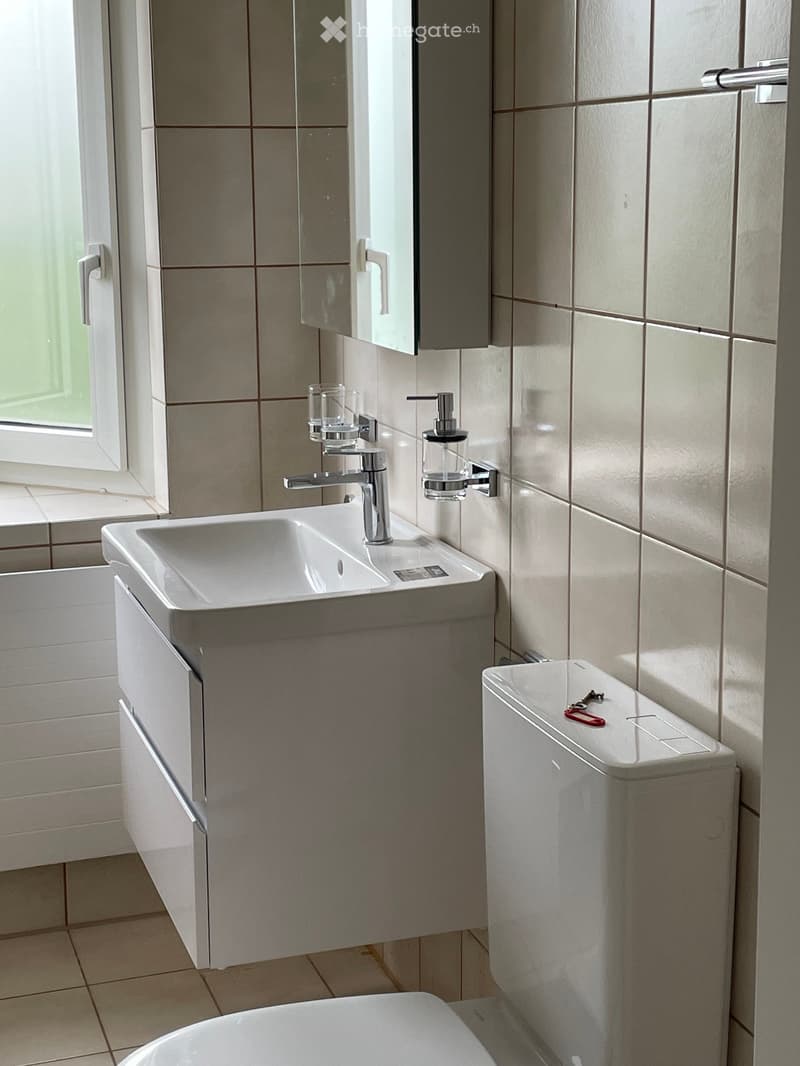 Modern bathroom with a white sink, chrome faucet, mirror cabinet, toilet, and soap dispenser. The walls are tiled in light beige with brown grout lines.
