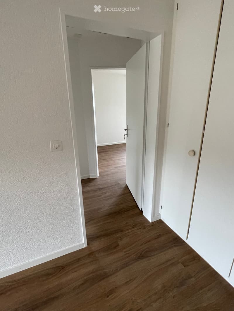A clean, well-lit hallway with light wooden flooring and white walls, featuring a door at the end leading to another room.