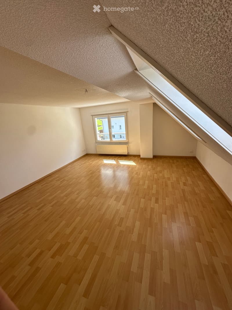 Empty attic room with wooden flooring, white walls, and skylight windows allowing natural light.