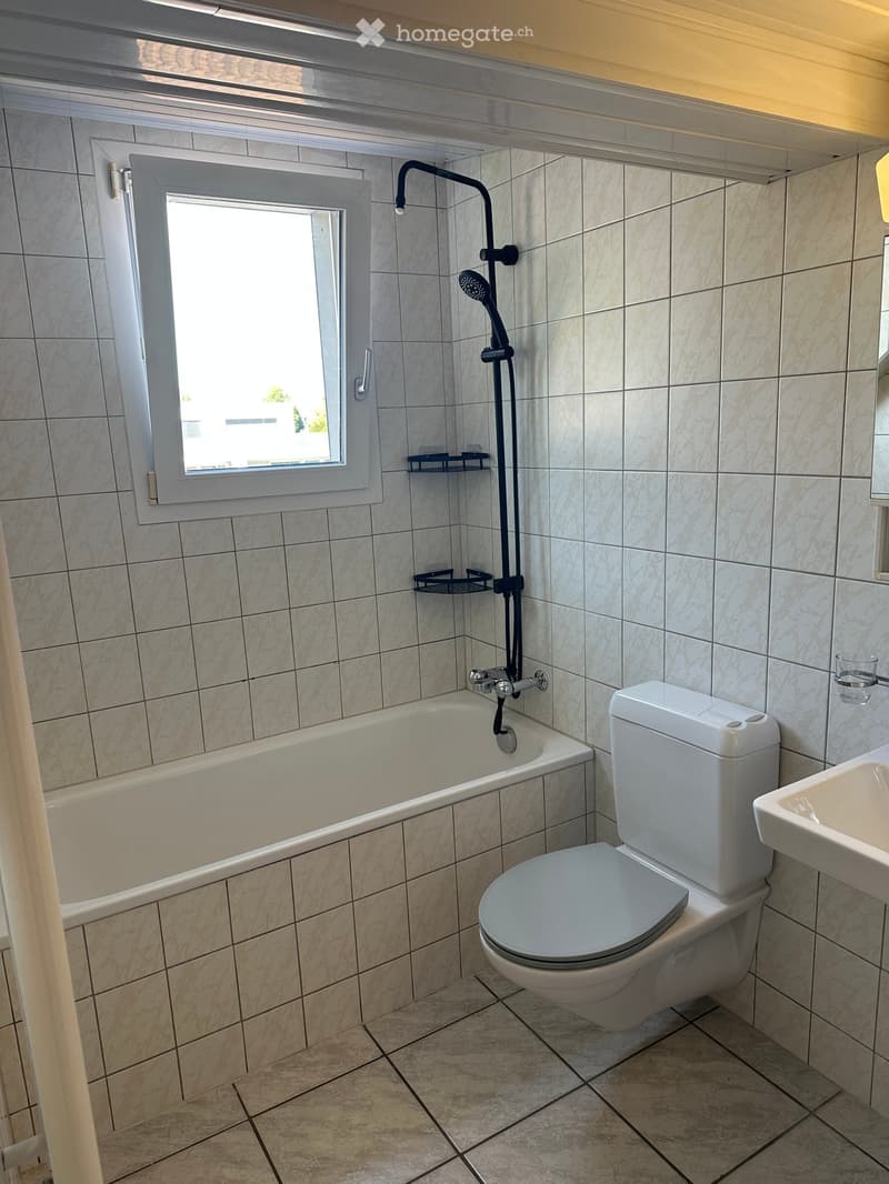 Modern bathroom with a bathtub, toilet, sink, and a showerhead attached to the wall. The room features tiled walls and a window providing natural light.