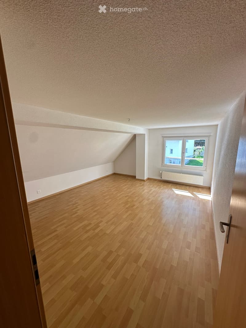 Empty room with wooden flooring, white walls, and a window with a radiator below it. The ceiling has a sloped design typical of an attic space.