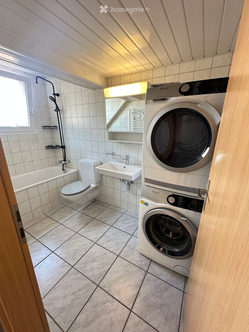 Modern bathroom with a toilet, sink, bathtub, shower, washing machine, dryer, and a large mirror above the sink.