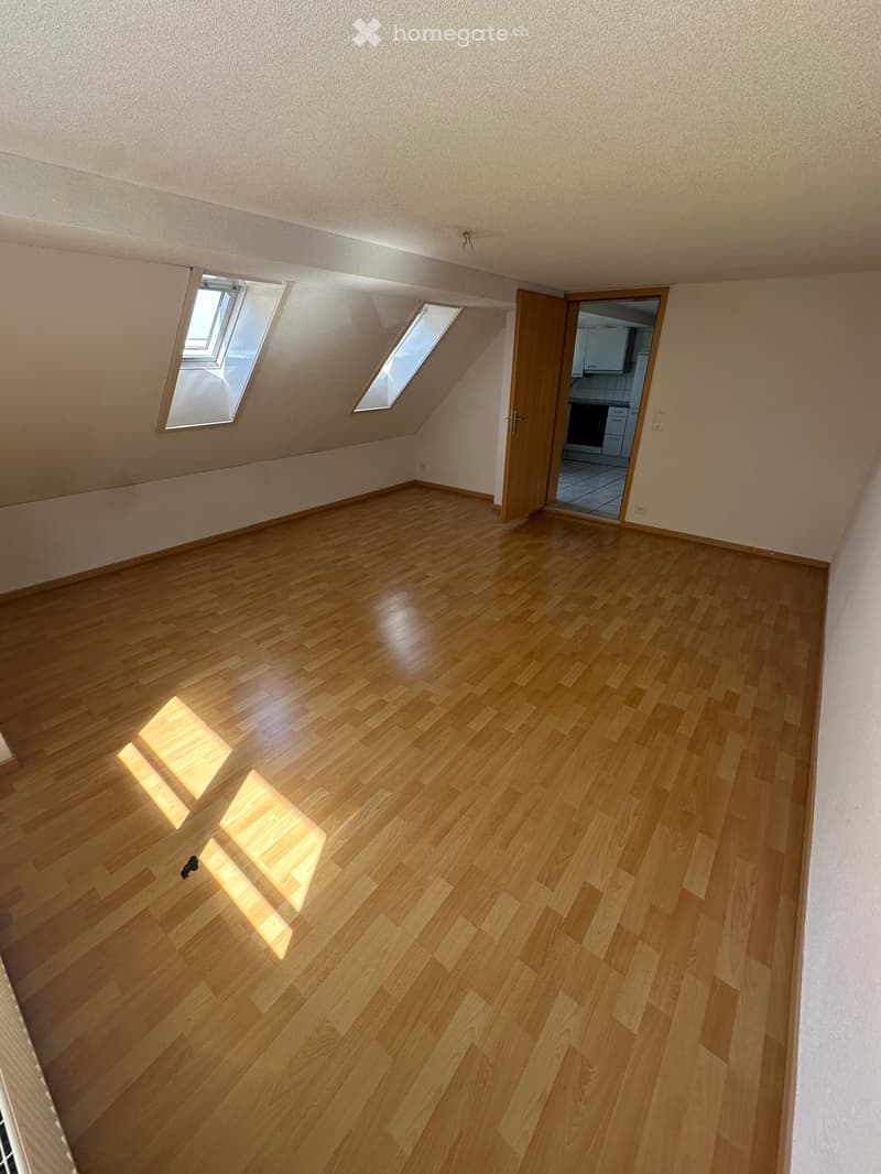 Empty attic room with wooden flooring, slanted ceilings, and skylight windows. The room is unfurnished with no visible furniture or equipment.