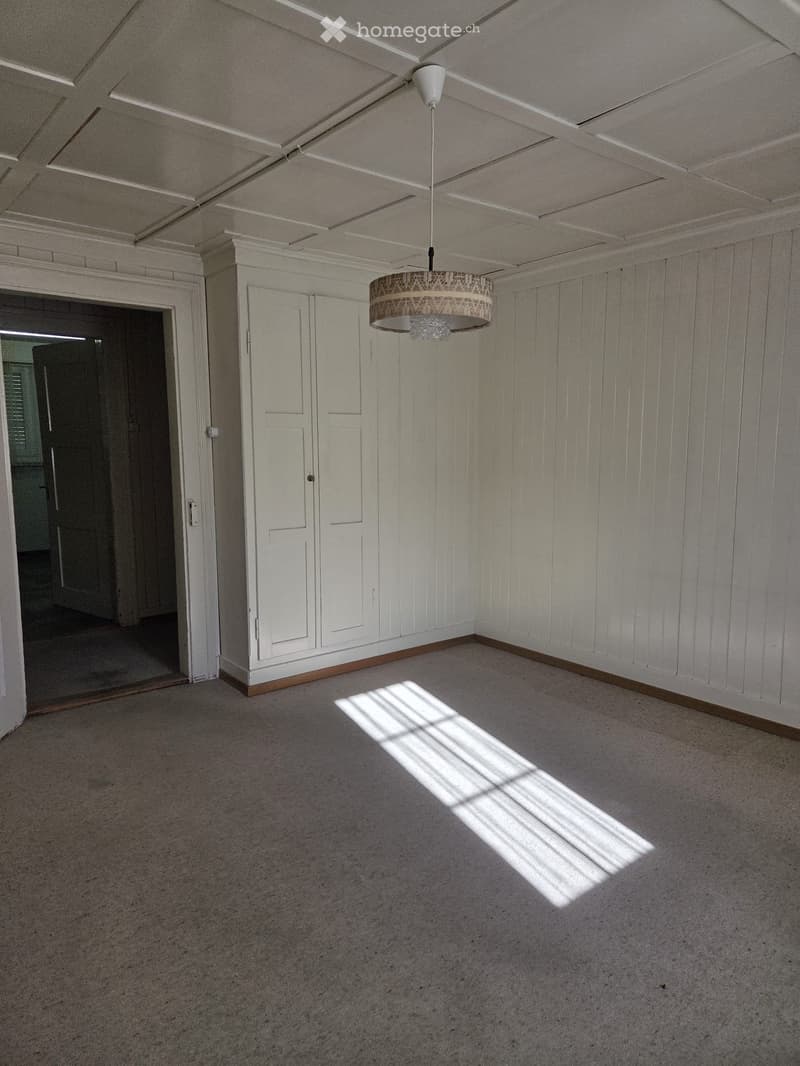 Empty room with white paneled walls, a hanging light fixture, and a carpeted floor. Sunlight streams in from an adjacent room.