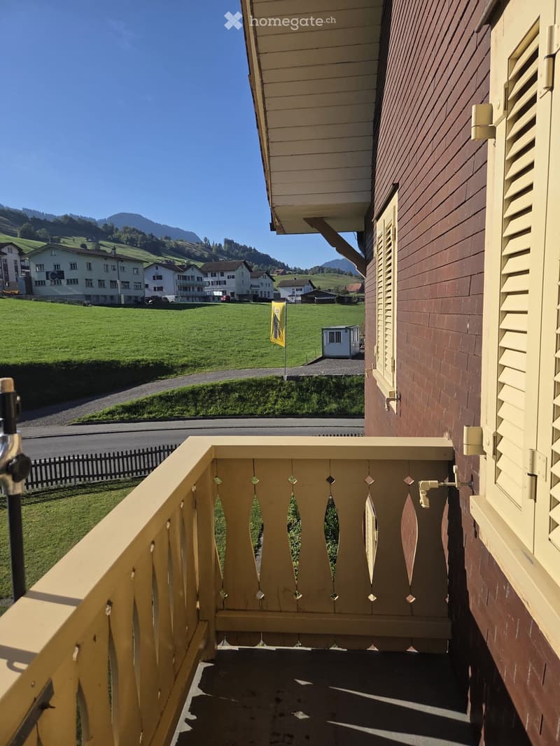 Balcony with wooden railing and decorative glass panels, overlooking a green field and houses in the distance.