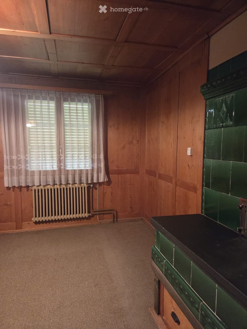 Empty room with wooden walls, carpeted floor, window with white curtains, radiator, and green tiled stove.