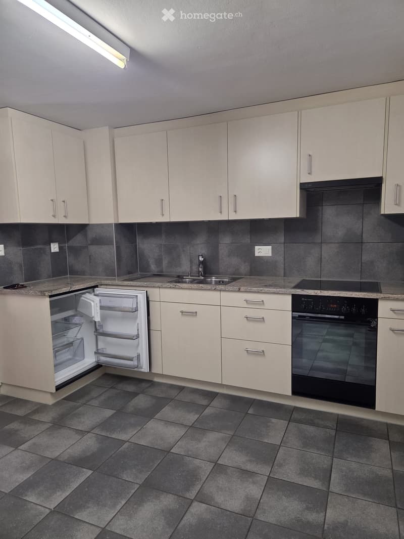Modern kitchen with light-colored cabinets, granite countertops, stainless steel sink, and built-in oven. Open refrigerator is visible.