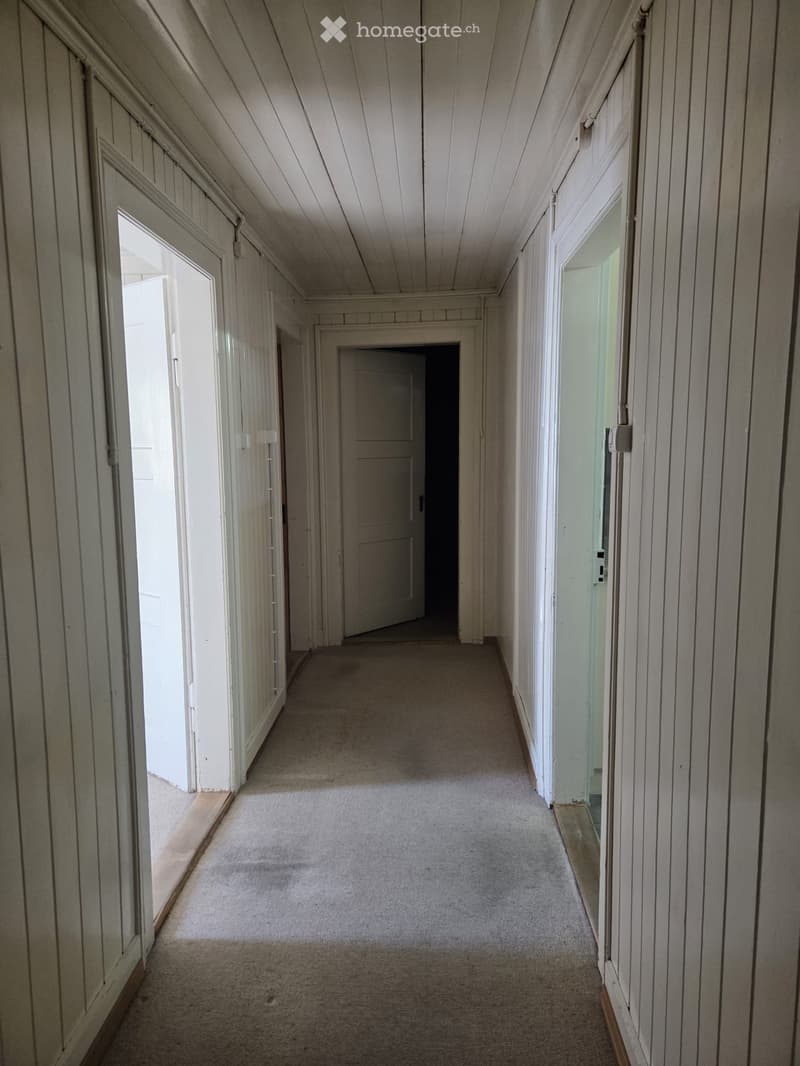 Empty hallway with wooden panel walls, carpeted floor, and several doors leading to other rooms.