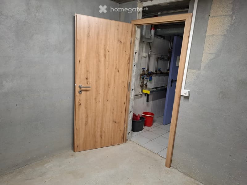 An unfurnished utility room with a wooden door, exposed pipes, and a small sink area with buckets.