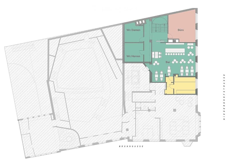 Floor plan of a commercial space with a bar area, two restrooms (Wc Damen and Wc Herren), an office (Büro), and a kitchen area.