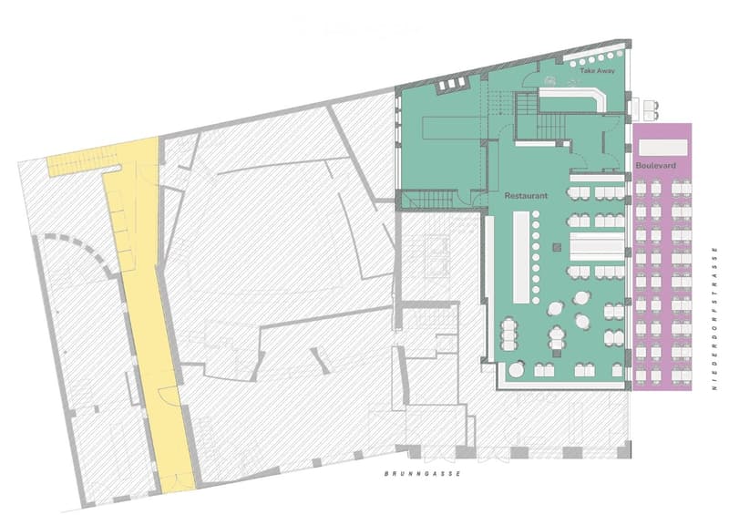 Floor plan of a restaurant with a take-away section, seating area, and surrounding buildings.