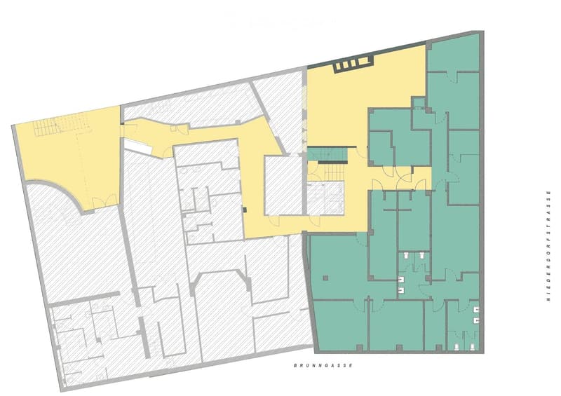 Floor plan of a multi-story building with multiple rooms and corridors, including living areas, bedrooms, and bathrooms.