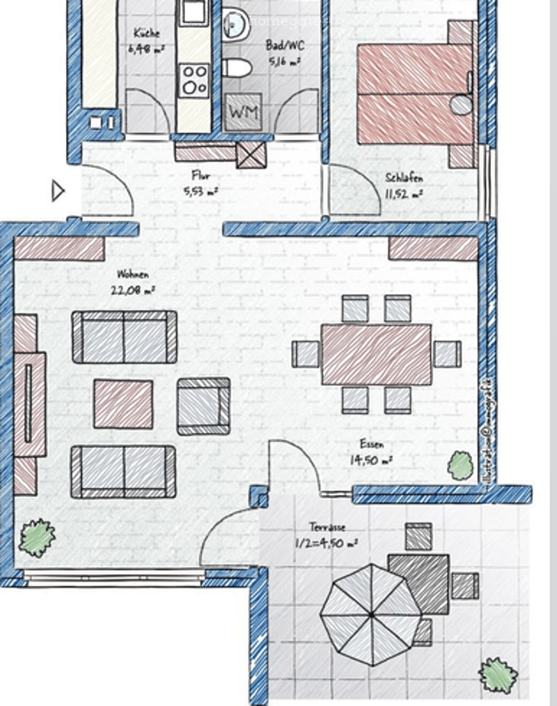 Floor plan of a two-story house with living room, dining room, kitchen, bedroom, bathroom, and terrace.
