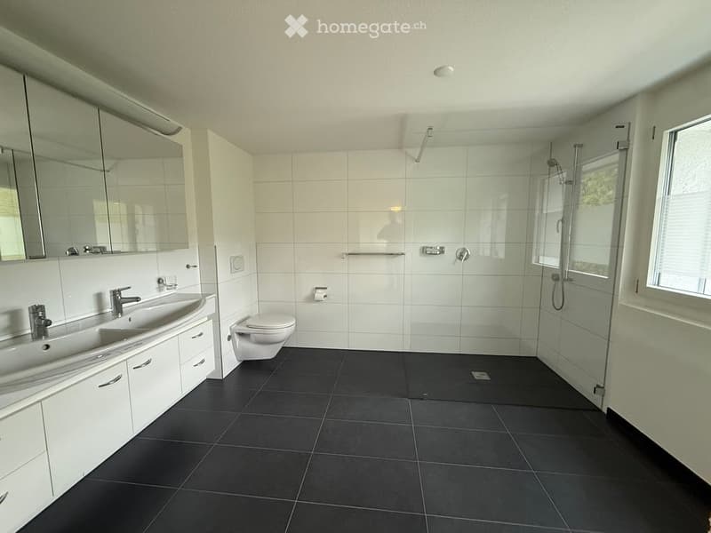 Modern bathroom with white tiles, black floor, double sink, toilet, and walk-in shower with glass enclosure.