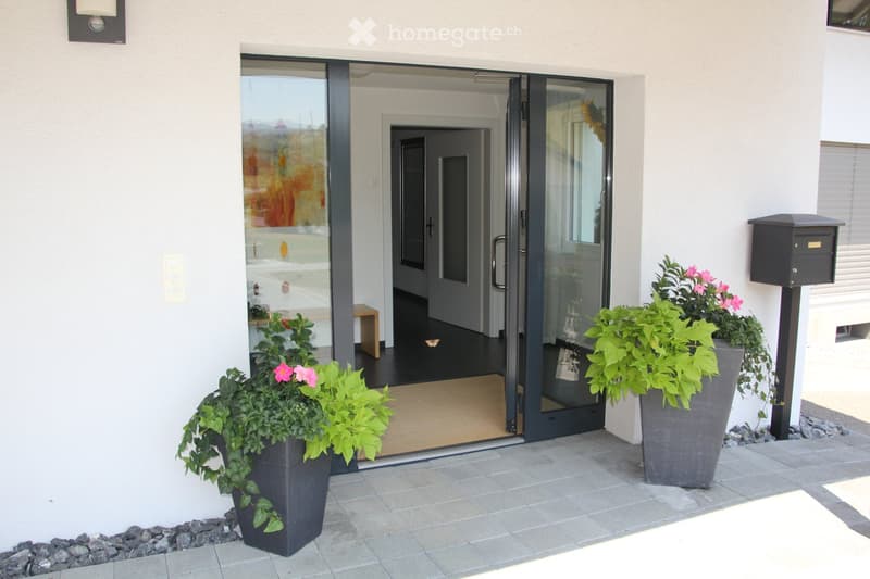 Entrance with glass doors, tiled floor, two large potted plants, mailbox, wall lamp