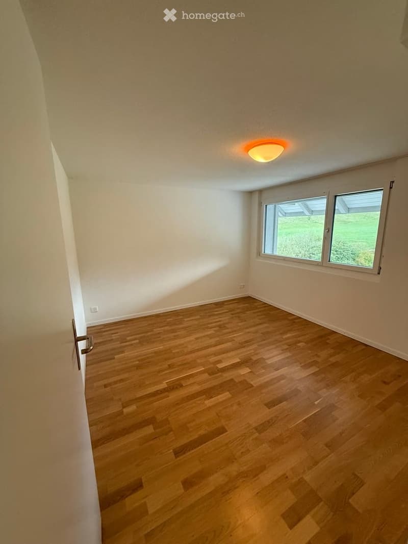 Empty room with wooden flooring, white walls, and large windows offering a view of greenery outside. A single ceiling light fixture is visible.