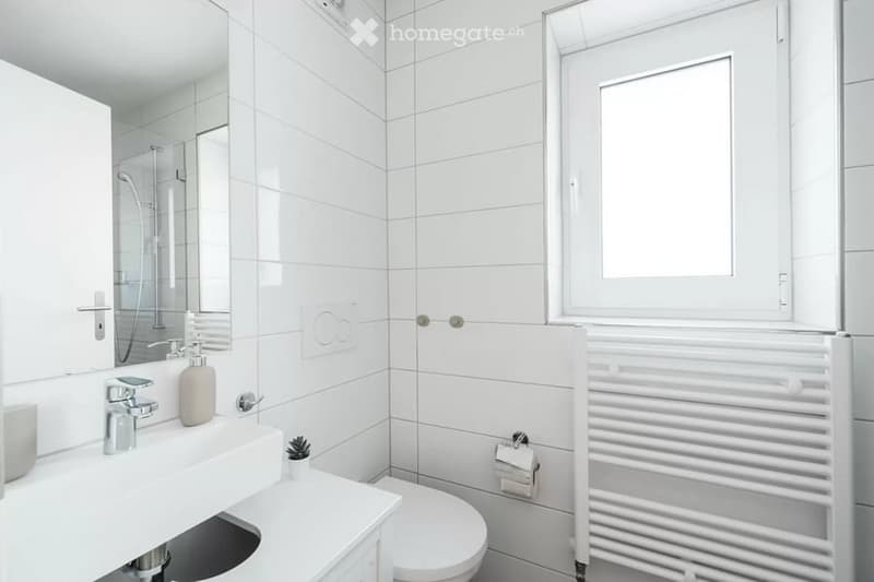 Modern white-tiled bathroom with a sink, mirror, toilet, radiator, and a small window. Includes a soap dispenser and a small plant on the sink counter.