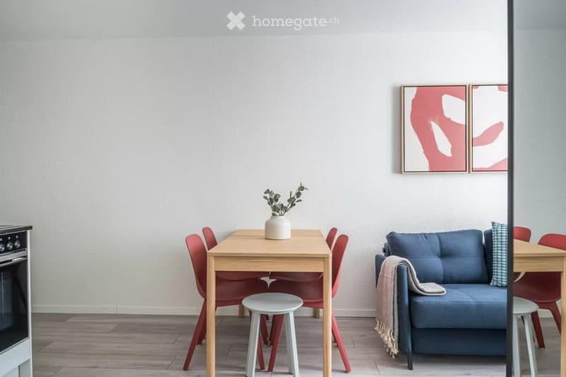 Modern living and dining area with a blue sofa, wooden dining table, red chairs, and a small plant on the table.