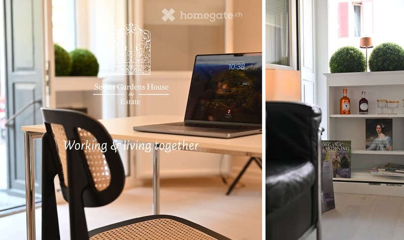 A modern, well-lit room with a laptop on a desk, a comfortable chair, a shelf with books and decorative bottles, and a stylish design.