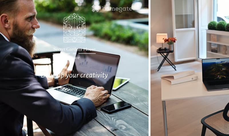 Two images showing a man working on a laptop outdoors and an indoor workspace with a laptop, table, chair, lamp, and side table.