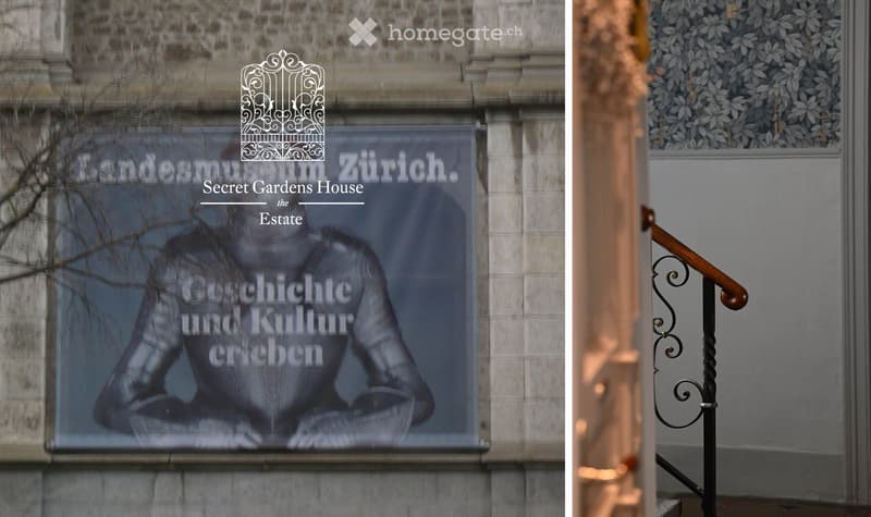 Facade of a historic building with a large poster advertising the Landesmuseum Zürich, featuring ornate details and a decorative staircase inside.