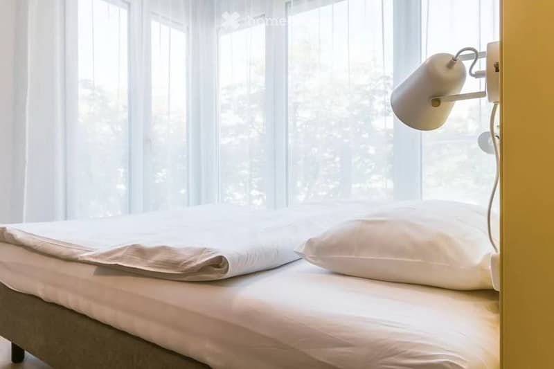 A modern bedroom with a neatly made bed, white pillows, and a wall-mounted lamp near large windows with sheer curtains.