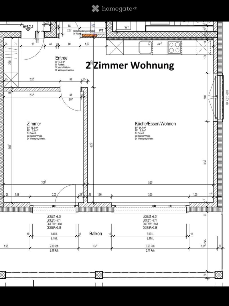 Floor plan of a 2-room apartment with an entrance, bedroom, kitchen/dining/living area, and balcony.