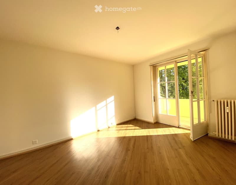 Empty room with wooden flooring, white walls, and large windows allowing natural light to enter. A radiator is visible on one wall, and a door leads to an outdoor area.