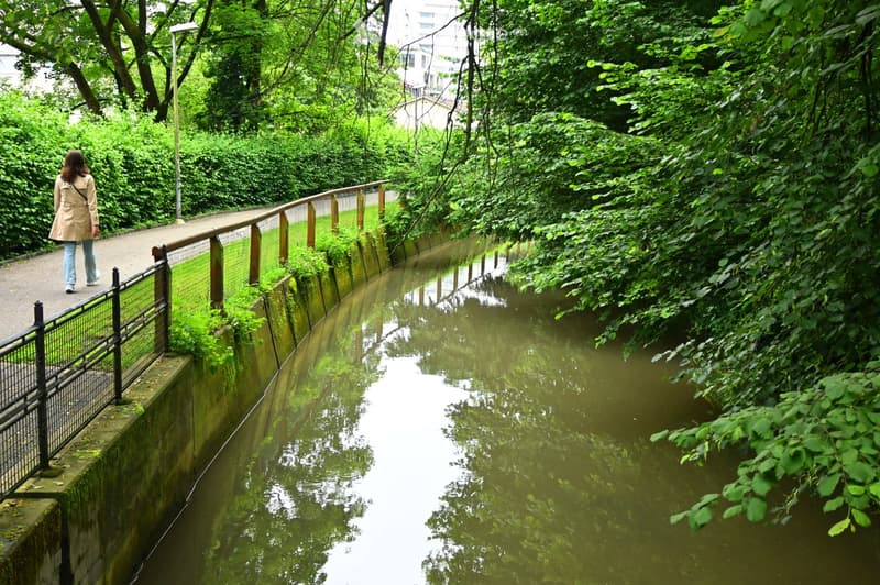 A narrow canal with calm water, surrounded by lush greenery and a paved walkway. A woman in a trench coat and jeans walks along the path beside the canal, with a metal fence and wooden posts lining the edge.