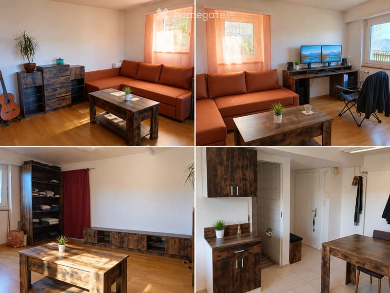 Four images show a cozy, well-furnished living space with a wooden sofa, coffee table, guitar, potted plants, a desk with a computer, and a bathroom with a sink, mirror, and toilet.