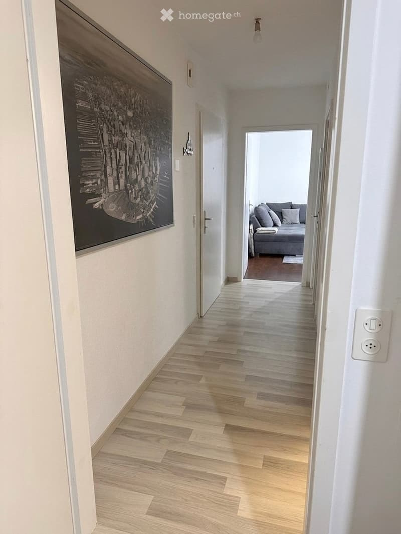 A modern hallway with light wooden flooring, white walls, and a large framed cityscape artwork on the left wall. A partially open door leads to a living room area with a grey sofa and pillows.