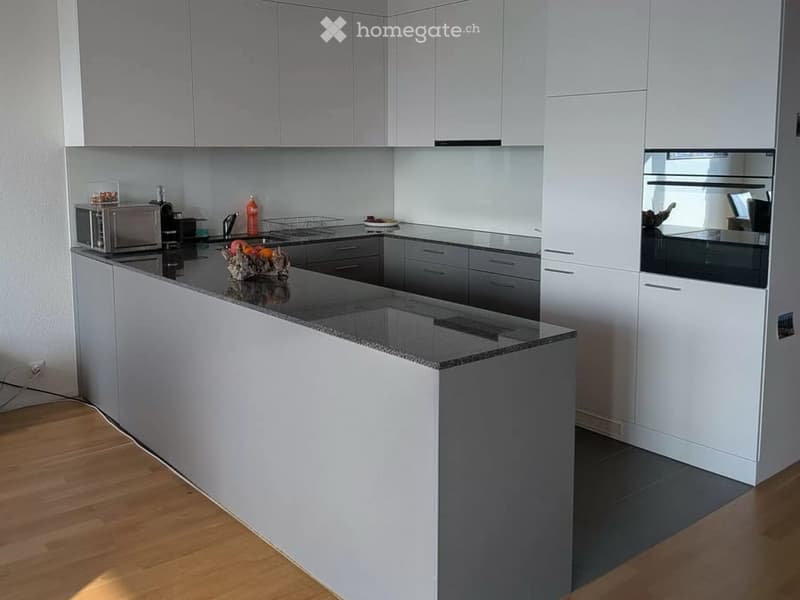 Modern kitchen with white cabinets, dark granite countertop, microwave, and built-in oven.