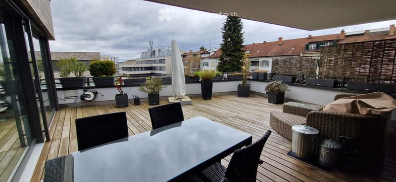 Wooden decked balcony with outdoor furniture including a glass table, wicker chairs, and potted plants, overlooking a cityscape with buildings and trees.
