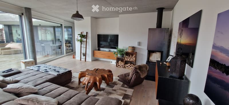 Modern living room with large windows, a fireplace, a sectional sofa, a coffee table, an armchair, a television, and a floor lamp.