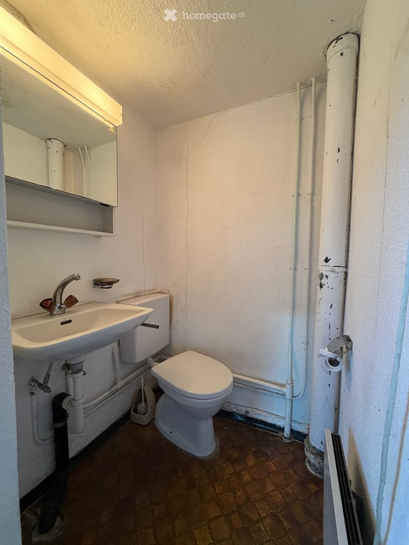 Small bathroom with a sink, toilet, mirror, and cabinet. Exposed pipes and a tiled floor are visible.