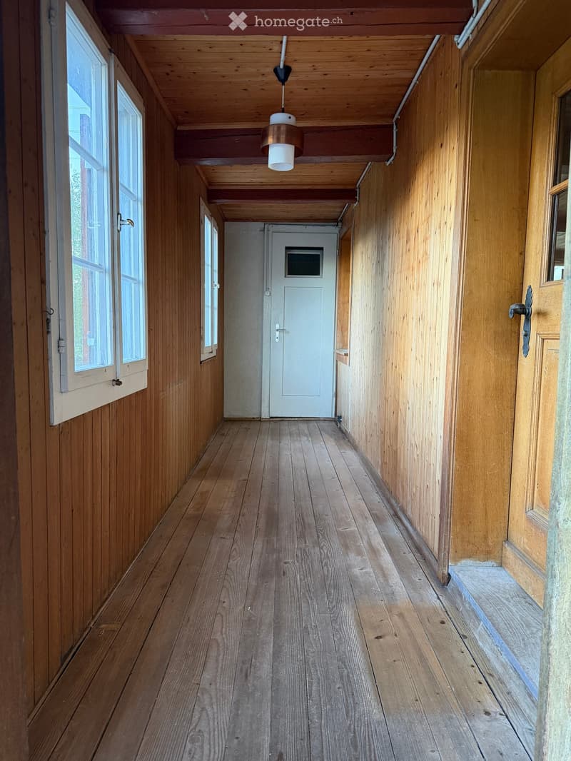 Wooden hallway with wooden walls, wooden floor, and a hanging light fixture. Windows on the left side and a door at the end.