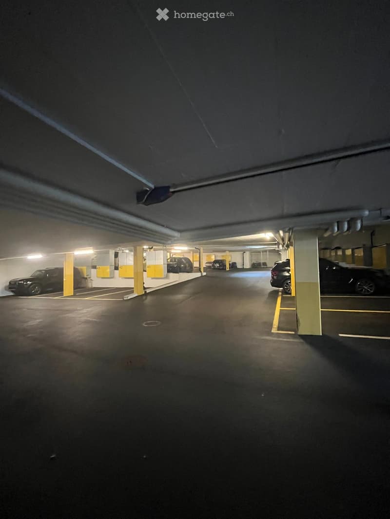 Underground parking area with several parked cars, marked parking spaces, and yellow painted pillars.