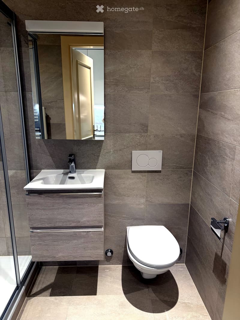 Modern bathroom with a white sink, mirror, wooden cabinet, and toilet. Grey tiled walls and light-colored floor.