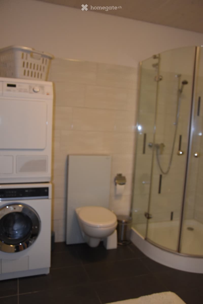 Bathroom with a toilet, glass-enclosed shower, washing machine, dryer, and laundry basket on top of the dryer.
