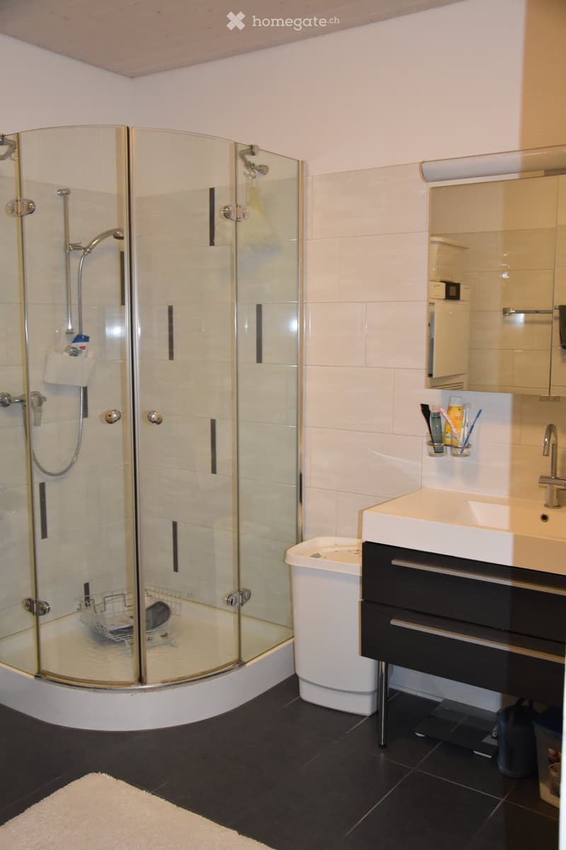Modern bathroom with a glass-enclosed shower, white sink, and black cabinet. Includes a toothbrush holder, mirror, and a small white rug on the floor.