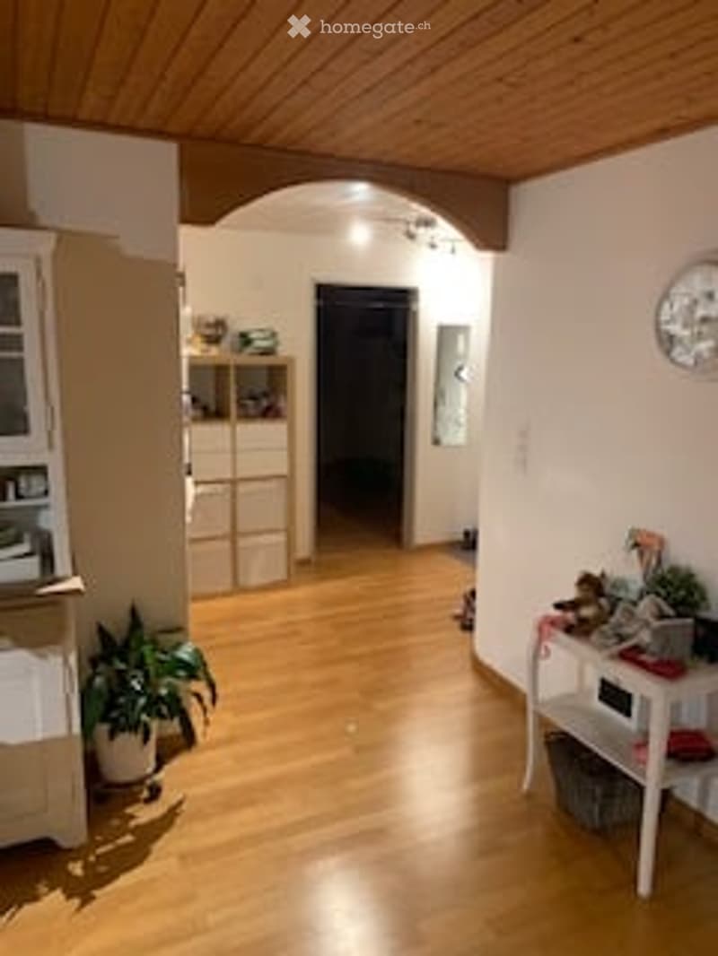 Bright hallway with wooden flooring, white walls, and a small table with plants. A cabinet and shelves are visible on the left side.